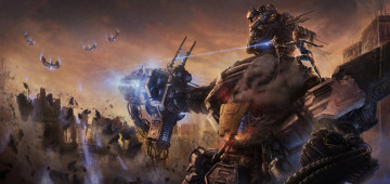 Картинка фэнтези роботы +киборги +механизмы девушка гигант фантастика робот война город арт руины