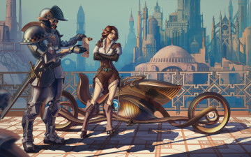 Картинка фэнтези люди задержание эльф арт девушка дорога город королесктво телега фантазия полицейский полиция рыцарь