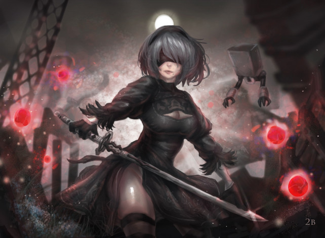 Обои картинки фото видео игры, nier,  automata, киборг, чулки, защитник