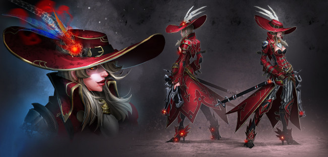 Обои картинки фото фэнтези, девушки, меч, шляпа, униформа, девушка, фон