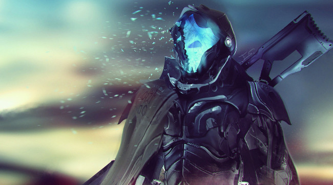 Обои картинки фото фэнтези, роботы,  киборги,  механизмы, cyberpunk, броня, плащ, солдат, киборг, фантастика, оружие, смерть