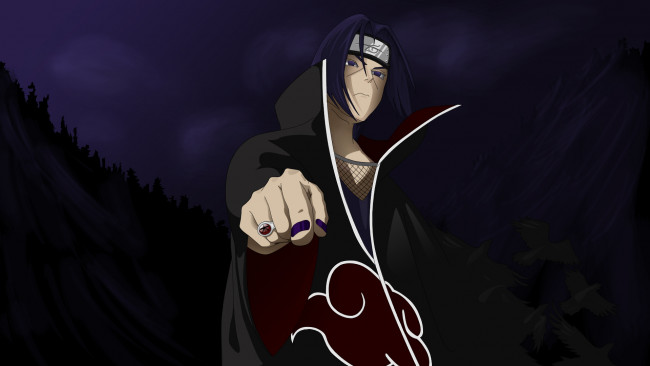 Обои картинки фото аниме, naruto, вороны, кольцо, жест, учиха, итачи