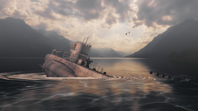 Обои картинки фото корабли, 3d, лодка, горы, небо