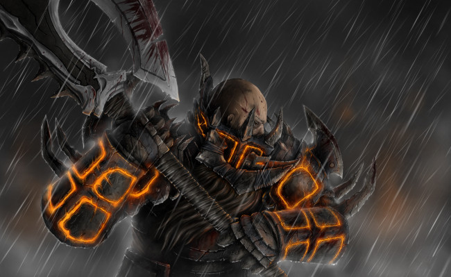 Обои картинки фото фэнтези, люди, дождь, мужчина, латы, топор