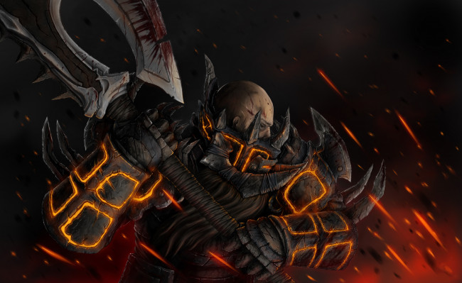 Обои картинки фото фэнтези, люди, искры, латы, топор, мужчина
