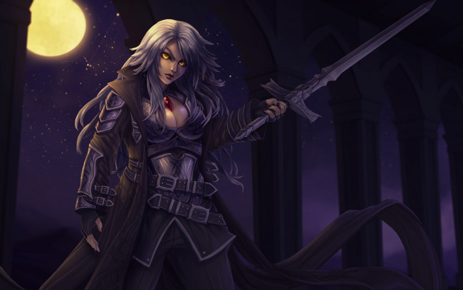 Обои картинки фото фэнтези, девушки, меч, девушка, полнолуние, moonlight, ночь, вампир, луна, magic, the, gathering, свет