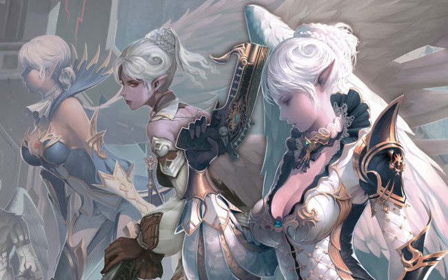 Обои картинки фото видео игры, lineage, девушки, kamael, арт, крылья, оружие
