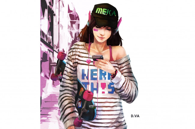 Обои картинки фото видео игры, overwatch, hana, song, телефон, skateboard, наушники, art, девушка