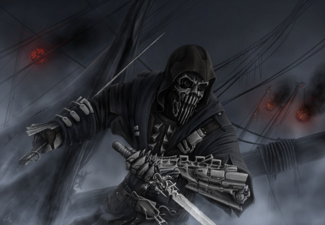 Обои картинки фото фэнтези, нежить, череп, фон, оружие