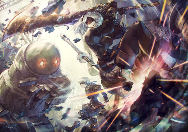 Обои картинки фото видео игры, nier,  automata, platinum, games, automata, роботы