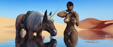 Картинка 3д+графика фантазия+ fantasy фон единорог взгляд девушка