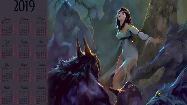 Обои картинки фото календари, фэнтези, монстр, девушка