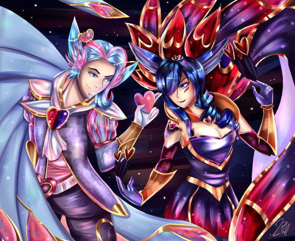 Обои картинки фото видео игры, league of legends, rakan, xayah, сердечки