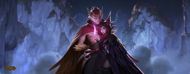 Обои картинки фото видео игры, league of legends, rakan, xayah, пара, скалы, магия, крылья