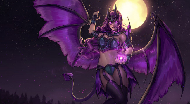 Обои картинки фото фэнтези, существа, девушка, фон, взгляд, рога, крылья, хвост, магия