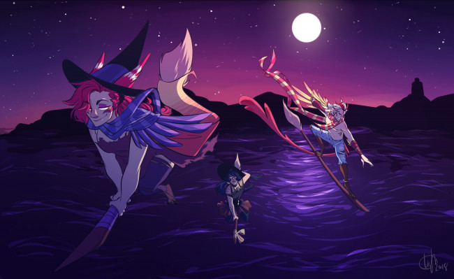 Обои картинки фото видео игры, league of legends, rakan, xayah, маги, метлы, полет, озеро