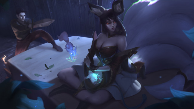 Обои картинки фото видео игры, league of legends, ahri, хвосты, магия, парень