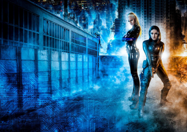 Обои картинки фото фэнтези, фотоарт, девушки, фон, город, униформа