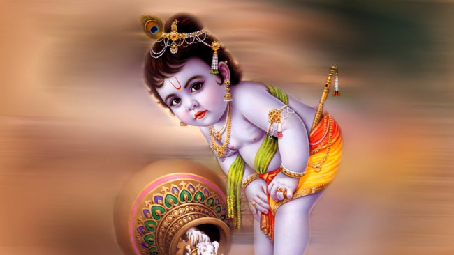 Обои картинки фото рисованное, религия, кришна, ребенок, кувшин