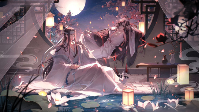 Обои картинки фото аниме, mo dao zu shi, вэй, усянь, лань, ванцзы, лотосы, фонари, окно, озеро