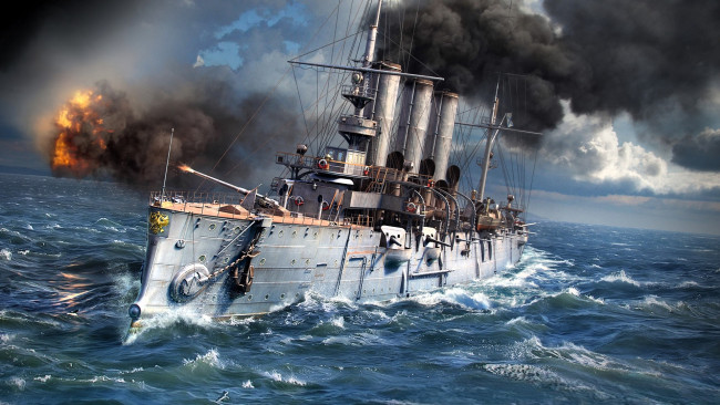Обои картинки фото видео игры, world of warships, корабль, крейсер, огонь, море, дым