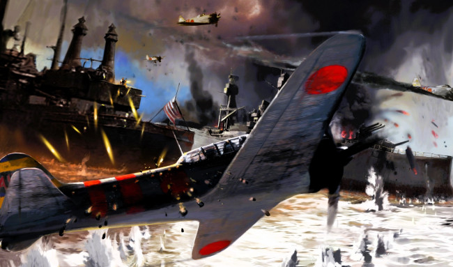 Обои картинки фото видео игры, medal of honor,  pacific assault, самолеты, корабли, камикадзе, война, бой