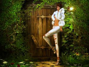 Картинка 3д графика people люди девушка дверь деревья шубка