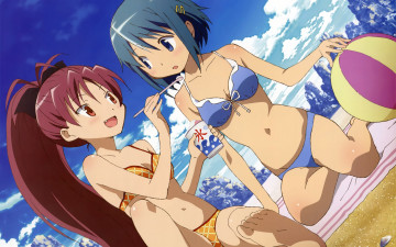 Картинка аниме mahou shoujo madoka magika  пляж девушки