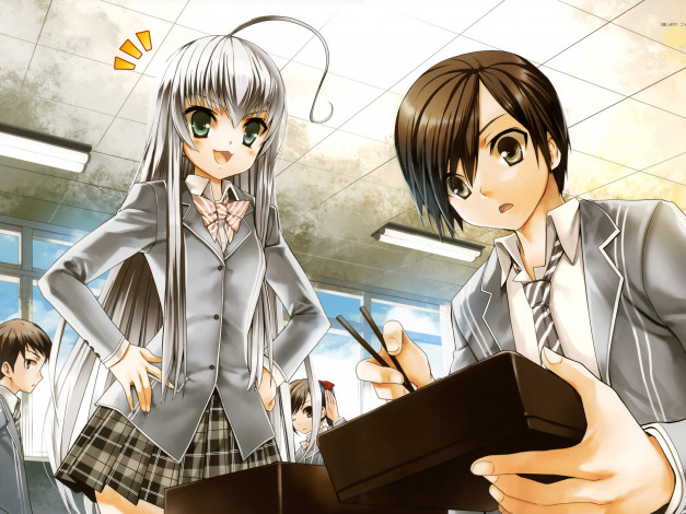 Обои картинки фото haiyore, nyaruko, san, аниме, yasaka, mahiro, школа, девушка, парень, бэнто