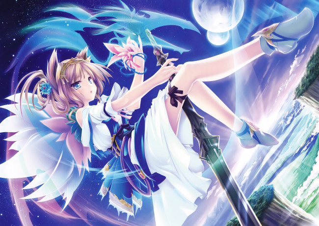 Обои картинки фото аниме, weapon, blood, technology, платья, меч, волшебница, девушка