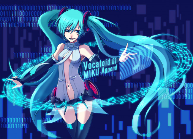 Обои картинки фото аниме, vocaloid, ноты, miku, append, девушка, хатсуне, мику, hatsune