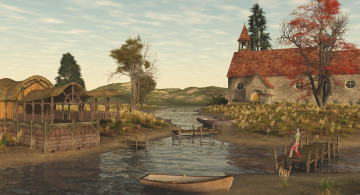 Картинка 3д графика nature landscape природа дом река мост