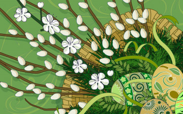 Картинка векторная графика яйца ветки верба пасха корзина