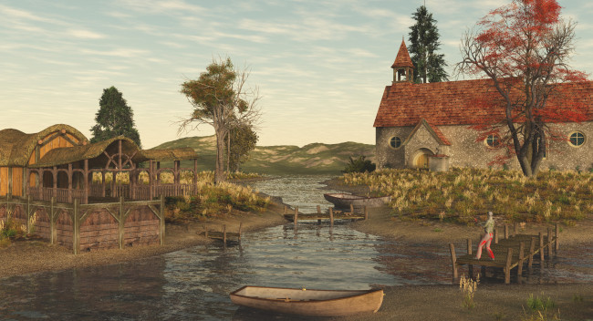 Обои картинки фото 3д, графика, nature, landscape, природа, дом, река, мост