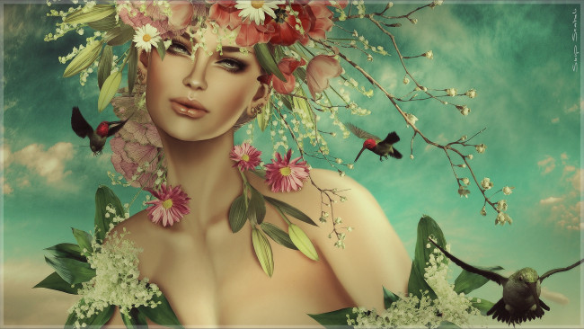 Обои картинки фото 3д, графика, portraits, портрет, лицо, цветы, бабочки