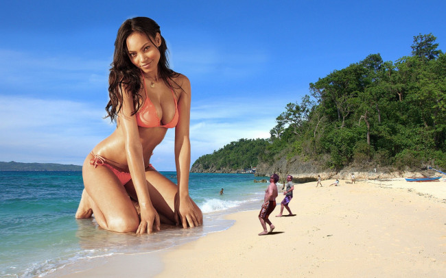 Обои картинки фото креативные, юмор, приколы, девушка, море, креатив, пляж