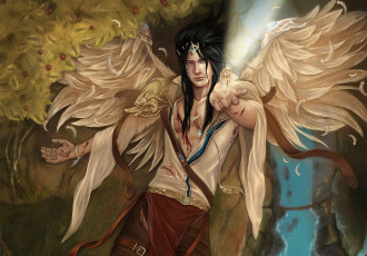 Картинка фэнтези ангелы кровь раны листва крылья парень девушка арт