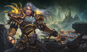 Картинка фэнтези люди парень арт замок дракон огонь цепи меч