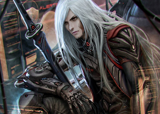 Обои картинки фото фэнтези, роботы,  киборги,  механизмы, металл, киборг, белые, волосы, парень, меч