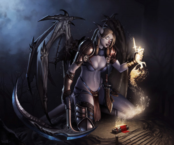 Обои картинки фото фэнтези, существа, жертва, кулак, душа, крылья, серп, рога, девушка, арт