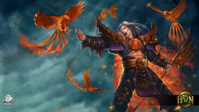 Обои картинки фото видео игры, heroes of newerth, heroes, of, newerth, blind, prophet, art, птицы, огонь, факел