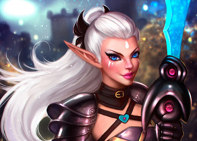 Обои картинки фото фэнтези, эльфы, эльф, девушка, меч, голубые, глаза, взгляд, белые, часы