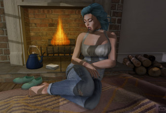 Картинка 3д+графика люди+ people камин фон взгляд девушка