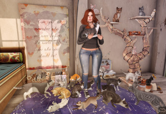 Картинка 3д+графика люди+и+животные+ people+and+animals девушка взгляд фон коты