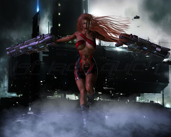 Обои картинки фото 3д графика, фантазия , fantasy, фон, взгляд, девушка, оружие