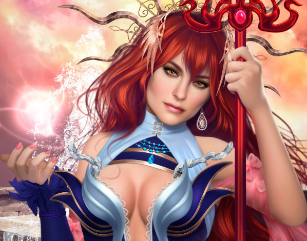 Обои картинки фото 3д графика, фантазия , fantasy, рыжая, арт, аниме, маг, девушка, магия, посох, красавица, лицо, lana, solaris