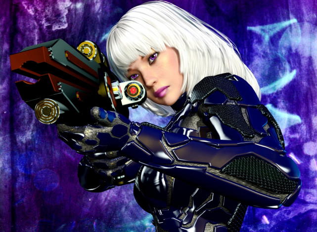 Обои картинки фото 3д графика, фракталы , fractal, девушка, взгляд, фон, оружие