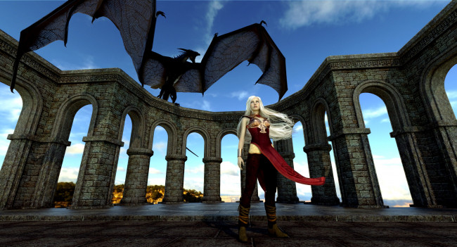 Обои картинки фото 3д графика, фантазия , fantasy, фон, дракон, взгляд, девушка