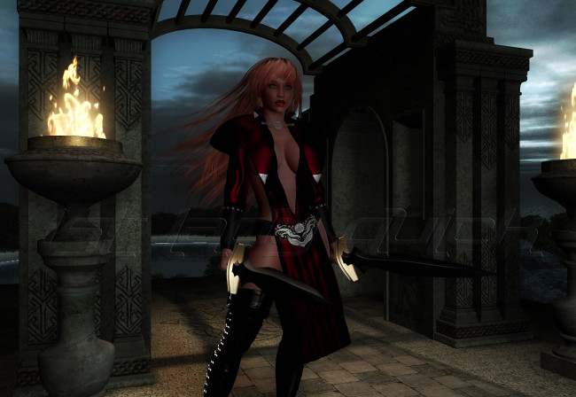 Обои картинки фото 3д графика, фантазия , fantasy, оружие, фон, взгляд, девушка