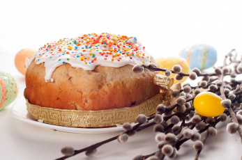 Картинка праздничные пасха ветки верба праздник крашенки яйца кулич